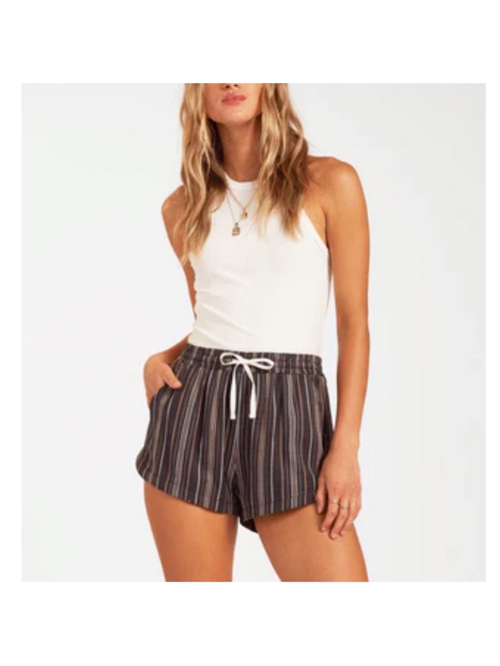 Billabong Black Stripe Woven Road Trippin Yarn Dye Drawstring Shorts Pockets